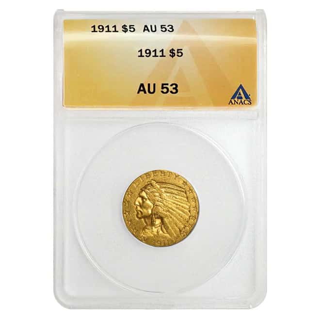 1911 $5 Indian Head Half Eagle Gold Coin ANACS AU 53