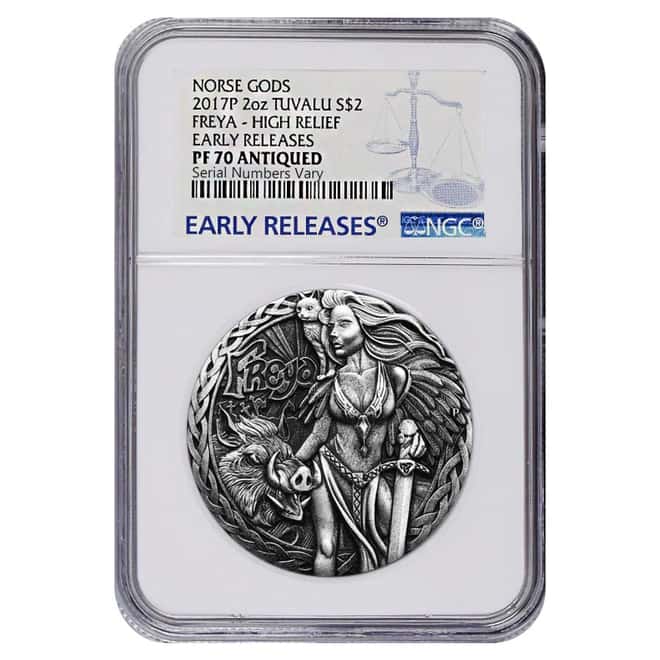 2017 2 oz Tuvalu Norse Goddesses Freya Antiqued High Relief Silver Coin NGC PF 70 Early Releases