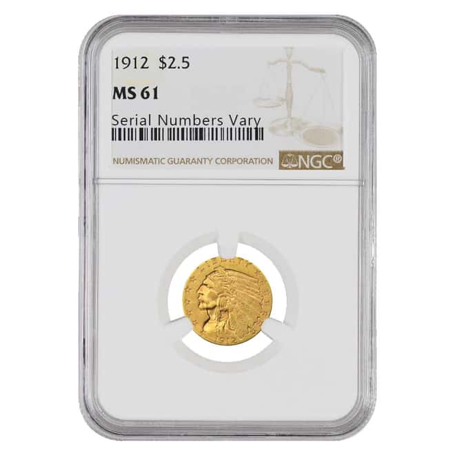 1912 $2.5 Indian Head Gold Quarter Eagle Coin NGC MS 61
