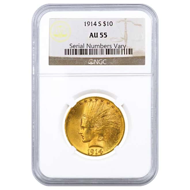 1914 S $10 Indian Head Eagle Gold Coin NGC AU 55