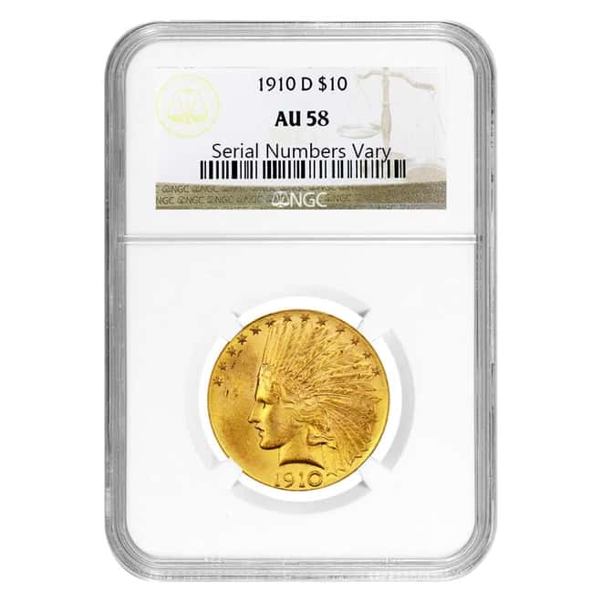 1910 D $10 Indian Head Eagle Gold Coin NGC AU 58