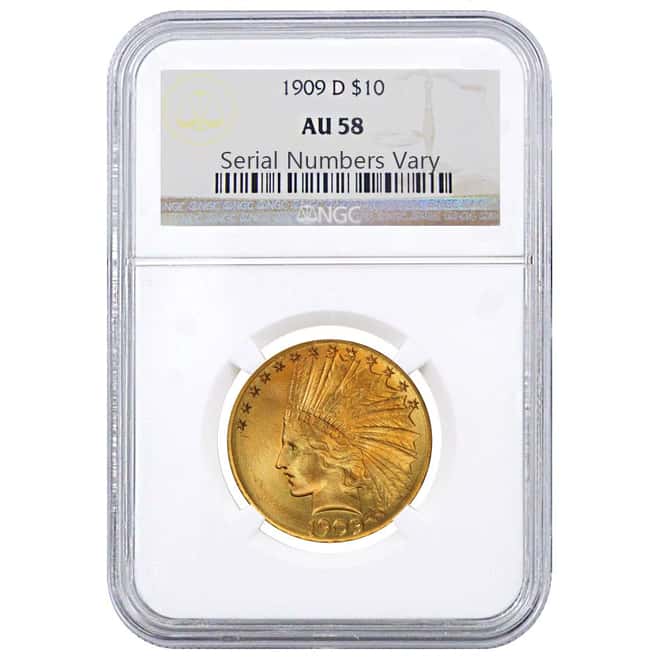 1909 D $10 Indian Head Eagle Gold Coin NGC AU 58
