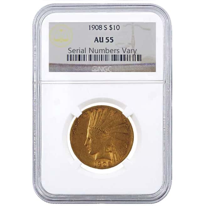 1908 S $10 Indian Head Eagle Gold Coin NGC AU 55