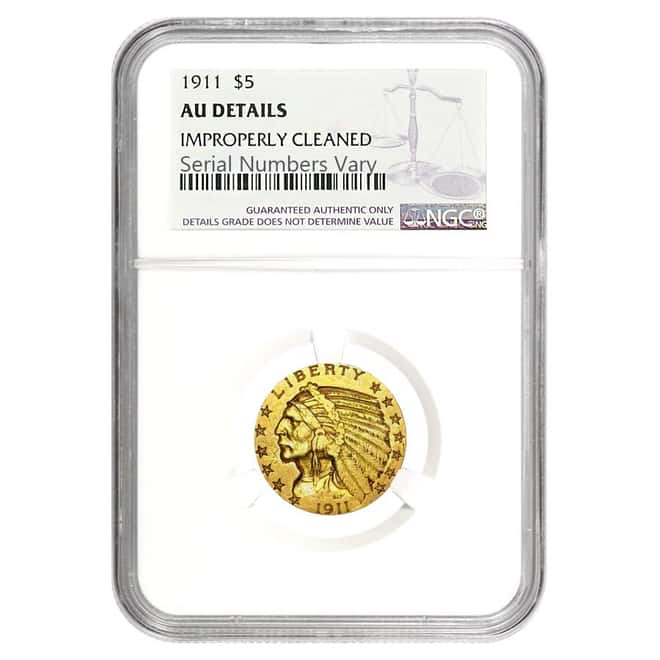 1911 $5 Indian Head Gold Half Eagle Coin NGC AU Details