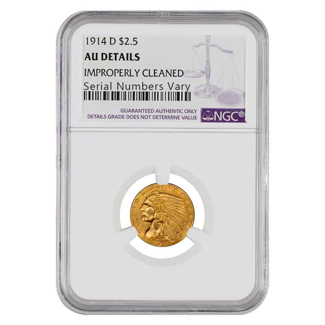 1914 D $2.5 Indian Head Gold Quarter Eagle Coin NGC AU Details 