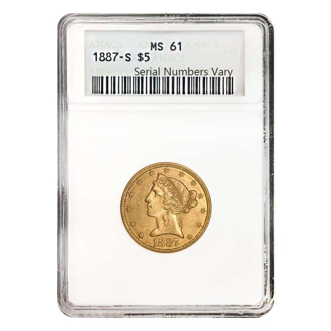 1887 S $5 Liberty Head Half Eagle Gold Coin ANACS MS 61