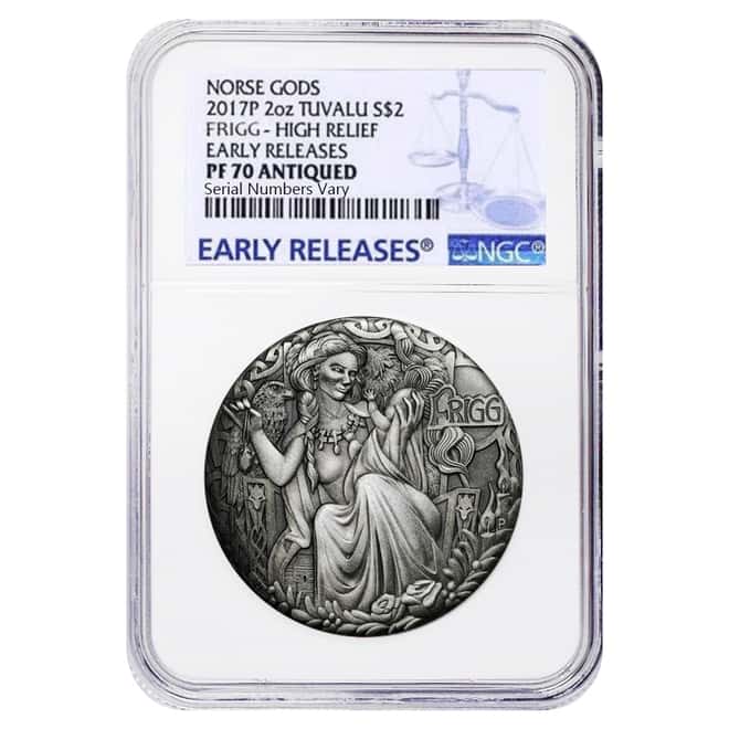 2017 2 oz Tuvalu Norse Goddesses Frigg Antiqued High Relief Silver Coin NGC PF 70 Early Releases