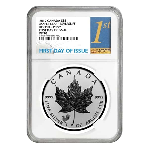 2017 1 oz Silver Canadian Maple Leaf Lunar Rooster Privy NGC PF 70 First Day of Issue