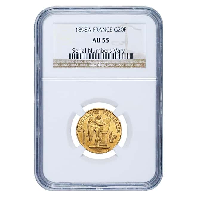 1898 A France Gold 20 Francs Lucky Angel NGC AU 55