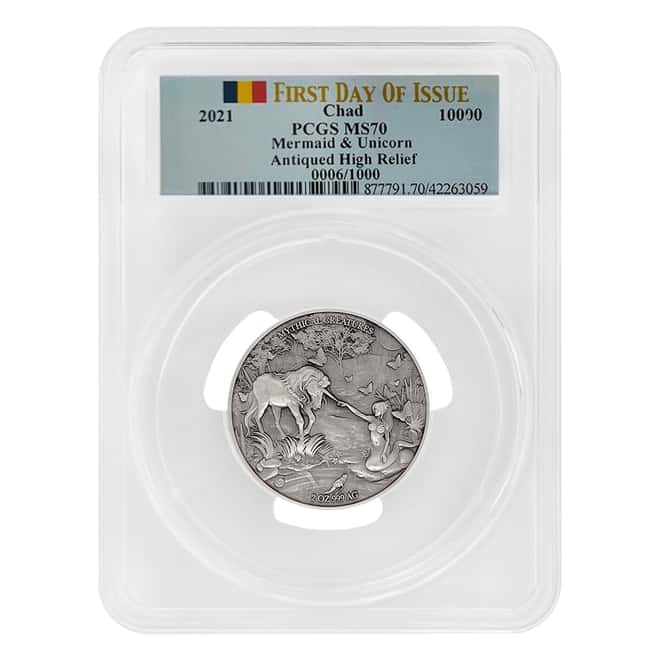 2021 Chad 2 oz Silver Mermaid & Unicorn Serial #6 PCGS MS 70 FDOI Antiqued High Relief - Mythical Creatures