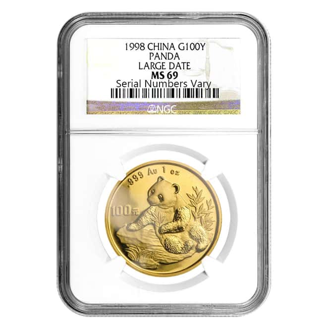 1998 China 1 oz Gold Panda Large Date 100 Yuan NGC MS 69