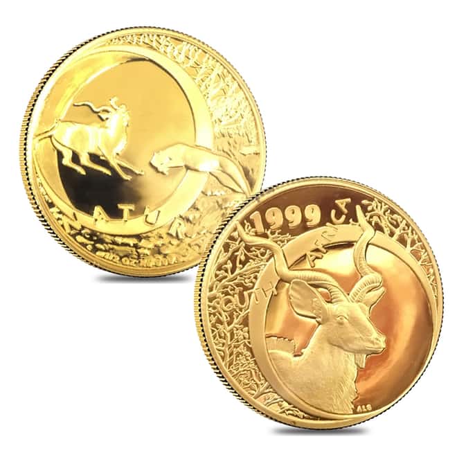 1999/2000 1 oz Proof Gold South Africa Natura Kudu and Sable 2-coin Set .9999 Fine (w/Box & COA, Silver Figurines)