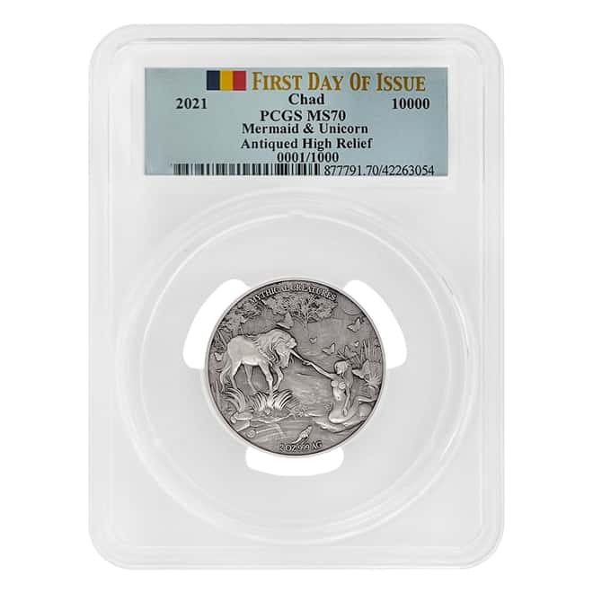 2021 Chad 2 oz Silver Mermaid & Unicorn Serial #1 PCGS MS 70 FDOI Antiqued High Relief - Mythical Creatures