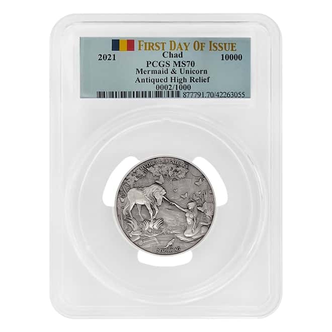 2021 Chad 2 oz Silver Mermaid & Unicorn Serial #2 PCGS MS 70 FDOI Antiqued High Relief - Mythical Creatures