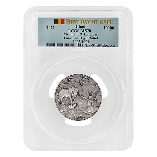 2021 Chad 2 oz Silver Mermaid & Unicorn Serial #3 PCGS MS 70 FDOI Antiqued High Relief - Mythical Creatures