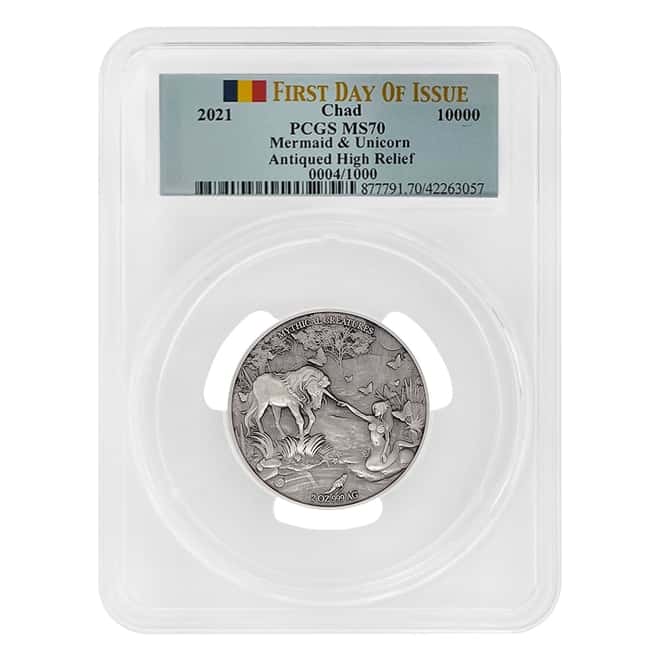 2021 Chad 2 oz Silver Mermaid & Unicorn Serial #4 PCGS MS 70 FDOI Antiqued High Relief - Mythical Creatures