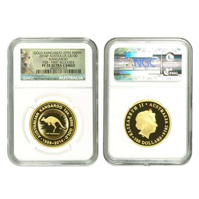 2014 1.9 oz Proof Gold Australian Kangaroo 25th Anniversary 5-Coin Set NGC PF 70 UCAM First Releases (w/Box & COA)