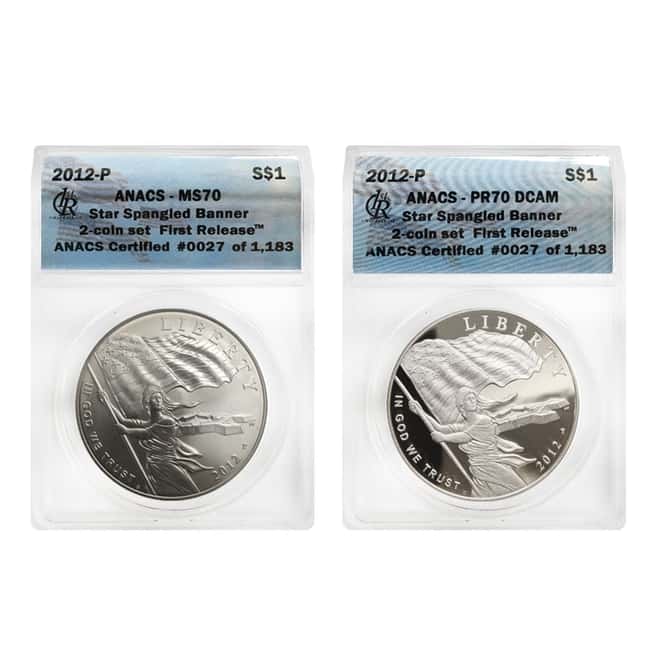 2012 P Silver $1 Commem Star Spangled Banner 2-Coin Set ANACS MS/PF 70 First Release