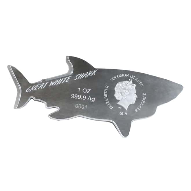 2019 1 oz Silver Great White Shark Solomon Islands $2 Coin .9999 Fine (In Cap)