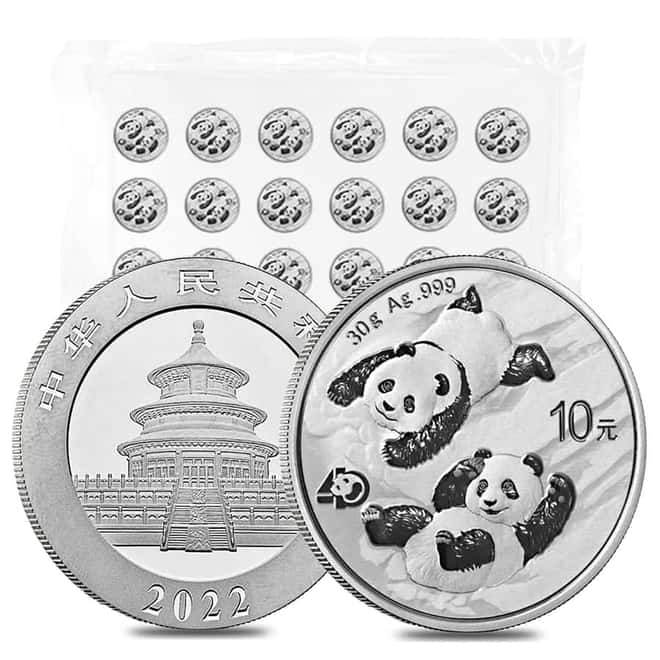 Sheet of 30 - 2022 30 gram Chinese Silver Panda 40th Ann Privy 10 Yuan .999 Fine BU (Lot of 30)