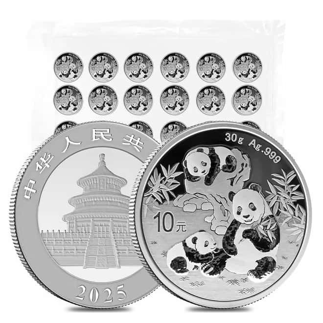 Sheet of 30 - 2025 30 Gram Chinese Silver Panda 10 Yuan BU