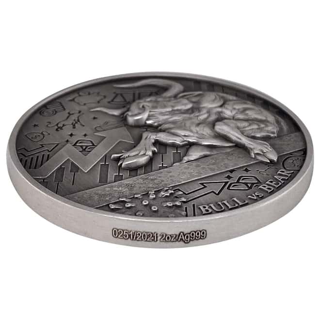 2021 Chad 2 oz Silver Bull vs Bear Pandemic Antiqued High Relief Coin (In Cap, Sealed)