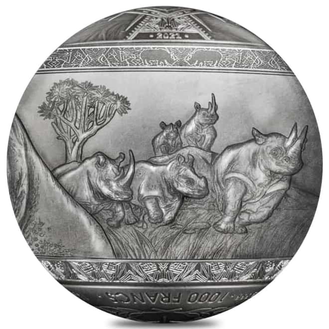 2022 1 Kilo Silver Big Five - Rhinoceros Spherical Coin Djibouti .999 Fine (w/Box & COA)