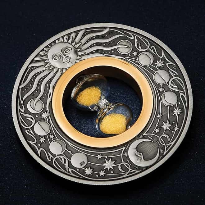 2021 Tuvalu 2 oz Antiqued Silver Hourglass Coin .9999 Fine (w/Box & COA)