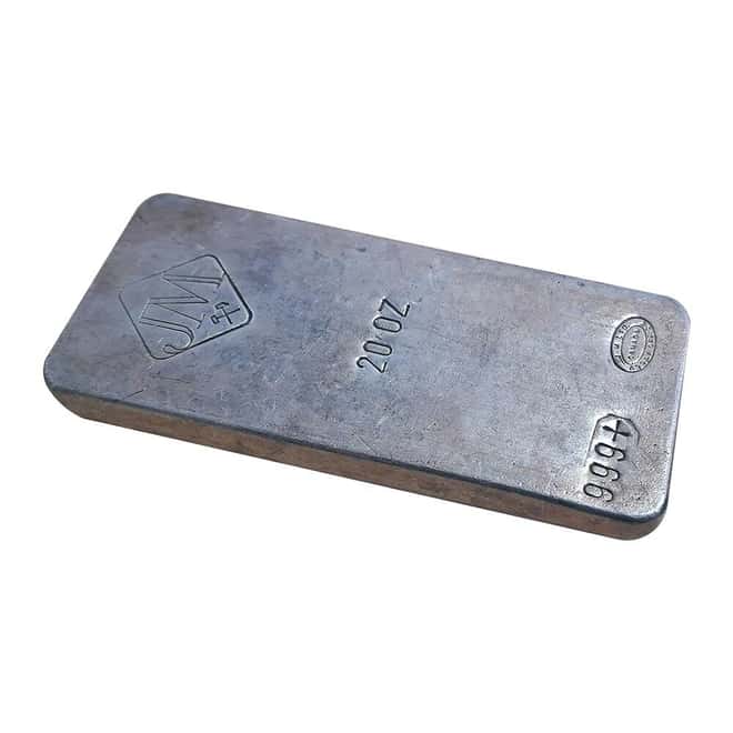 20 oz Johnson Matthey Silver Bar .999+ Fine (Stamps on Flat Reverse, w/ Hallmark)