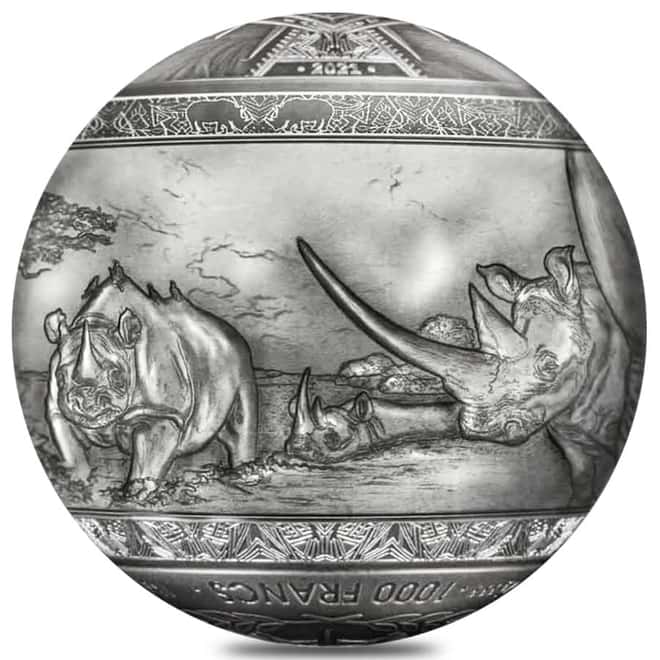 2022 1 Kilo Silver Big Five - Rhinoceros Spherical Coin Djibouti .999 Fine (w/Box & COA)