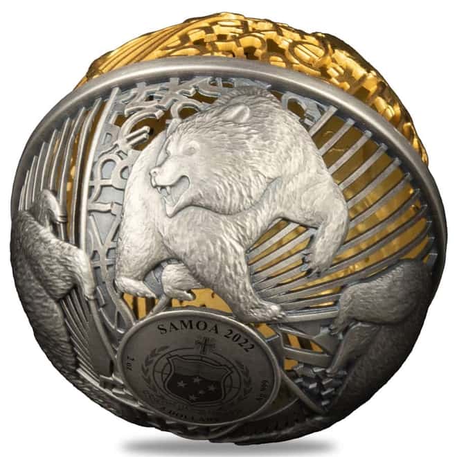 2022 2 oz Silver Bull and Bear Spherical Coin Samoa .999 Fine (w/Box & COA)