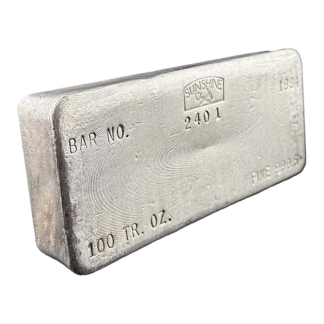 1984 100 oz Sunshine Mint Vintage Silver Bar .9995+ Fine