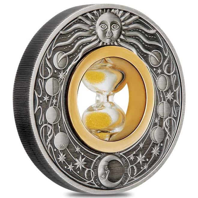 2021 Tuvalu 2 oz Antiqued Silver Hourglass Coin .9999 Fine (w/Box & COA)
