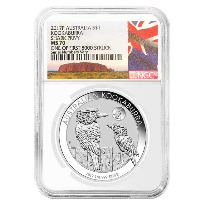2017 1 oz Silver Australian Kookaburra Shark Privy Perth Mint NGC MS 70 1 of First 5000 Struck