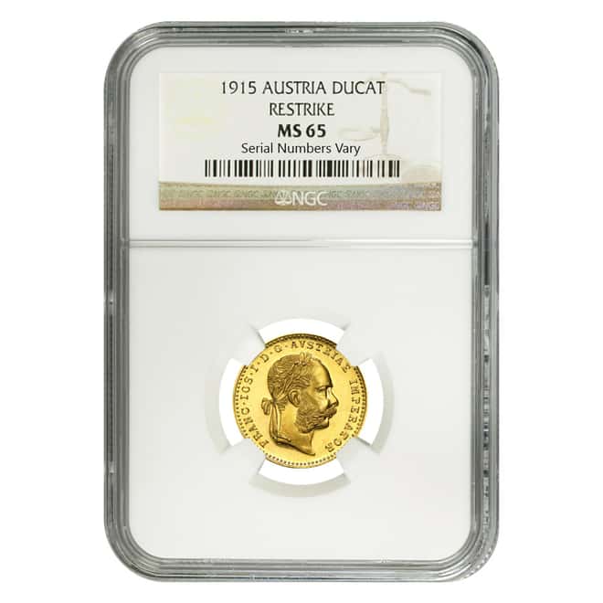 1915 Austrian Gold 1 Ducat .1107 oz AGW NGC MS 65 Restrike