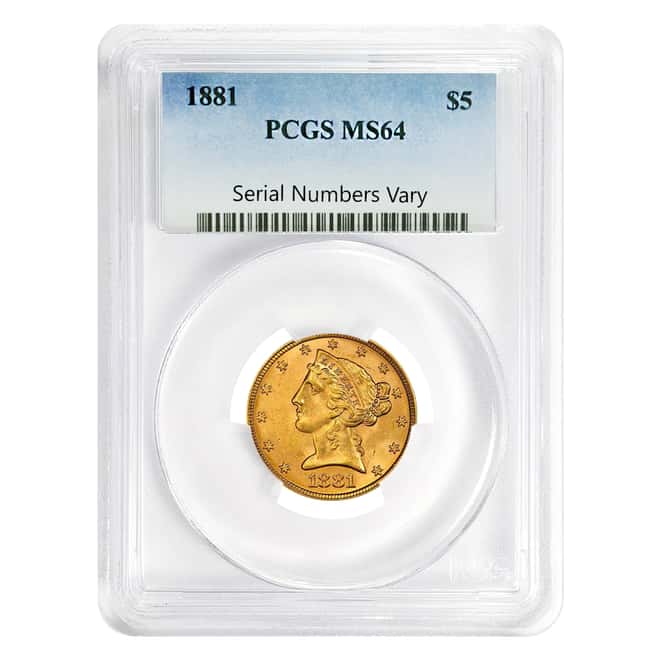 1881 $5 Liberty Head Half Eagle Gold Coin PCGS MS 64