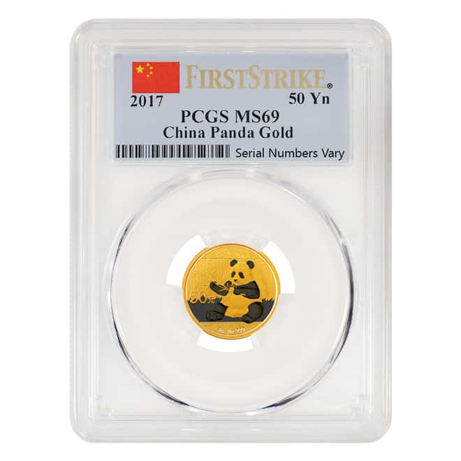 2017 3 Gram Chinese Gold Panda 50 Yuan PCGS MS 69 First Strike