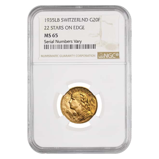 1935 LB Swiss Gold 20 Francs Helvetia NGC MS 65