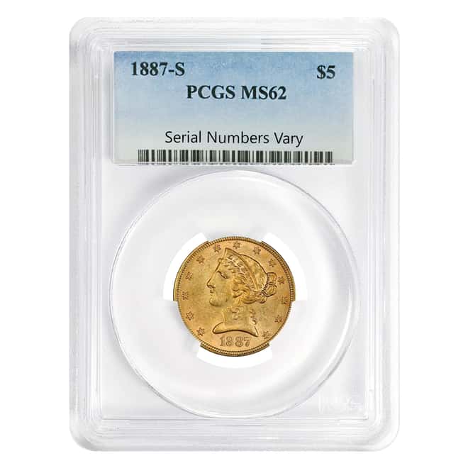 1887 S $5 Liberty Head Half Eagle Gold Coin PCGS MS 62 