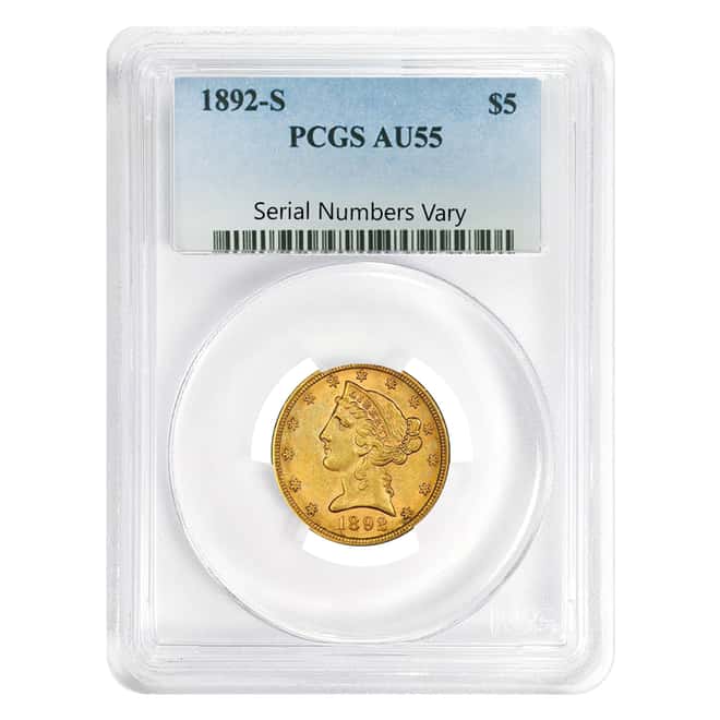 1892 S $5 Liberty Head Half Eagle Gold Coin PCGS AU 55
