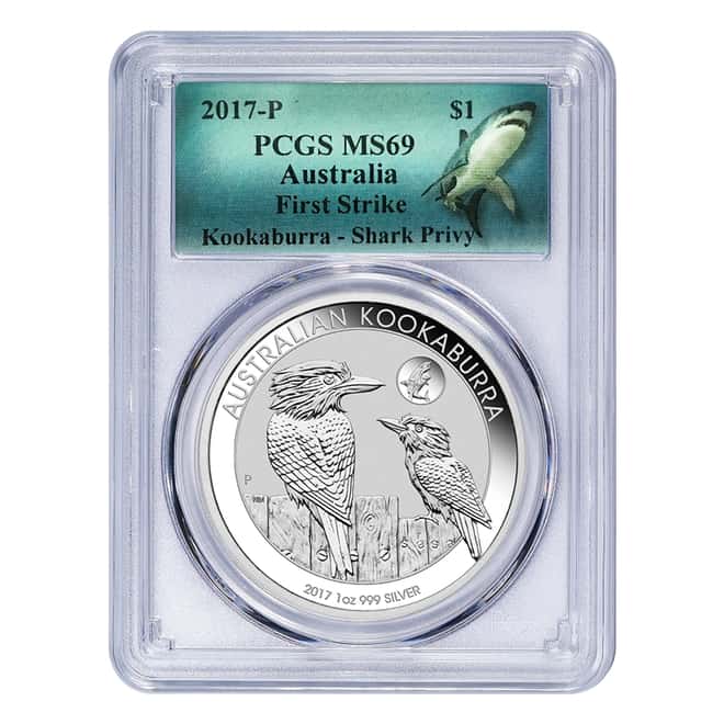 2017 1 oz Silver Australian Kookaburra Shark Privy Perth Mint PCGS MS 69 First Strike (Shark Label)