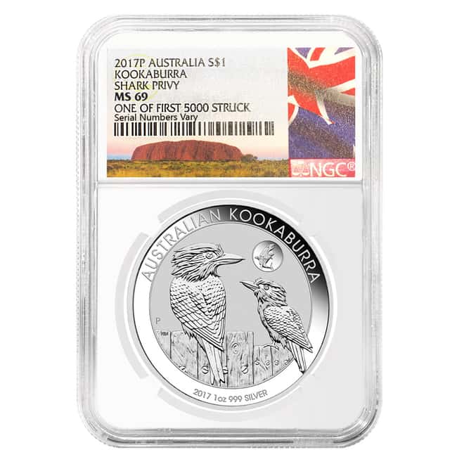 2017 1 oz Silver Australian Kookaburra Shark Privy Perth Mint NGC MS 69 1 of First 5000 Struck