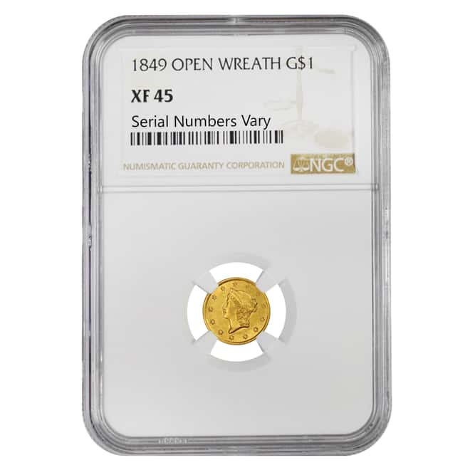 1849 $1 Liberty Head Gold Coin NGC XF 45 - Open Wreath