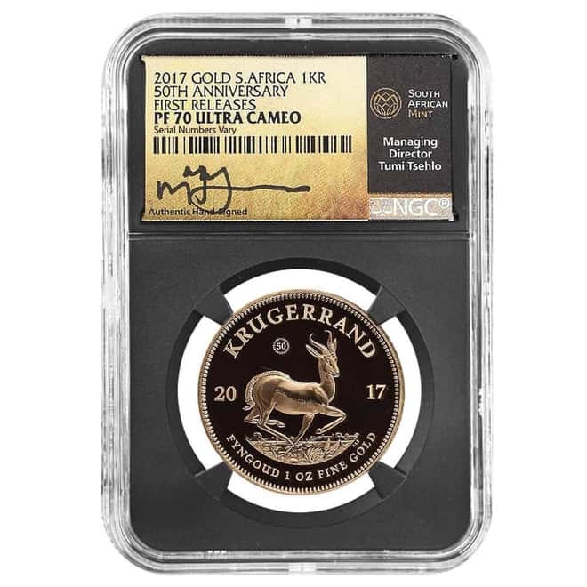 2017 South Africa 1 oz Proof Gold Krugerrand 50th Ann. NGC PF 70 UCAM FR w/Box & COA (Tumi Tsehlo)