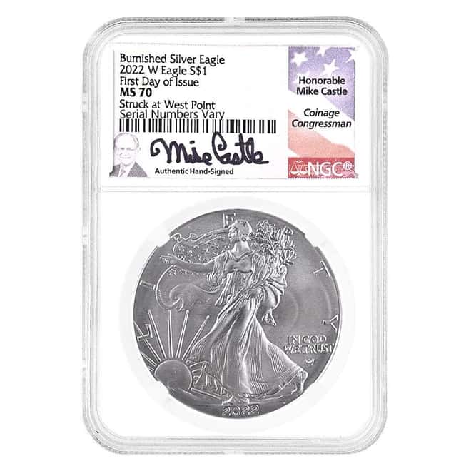 2022-W 1 oz Burnished Silver American Eagle NGC MS 70 FDOI (Castle)