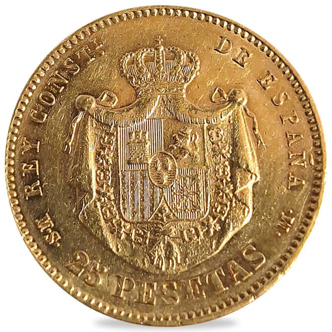 1881-1885 Spain 25 Pesetas Alfonso XII Gold Coin Avg Circ (Random Year)