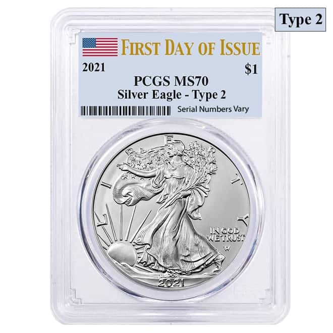 2021 1 oz Silver American Eagle Type 2 PCGS MS 70 FDOI