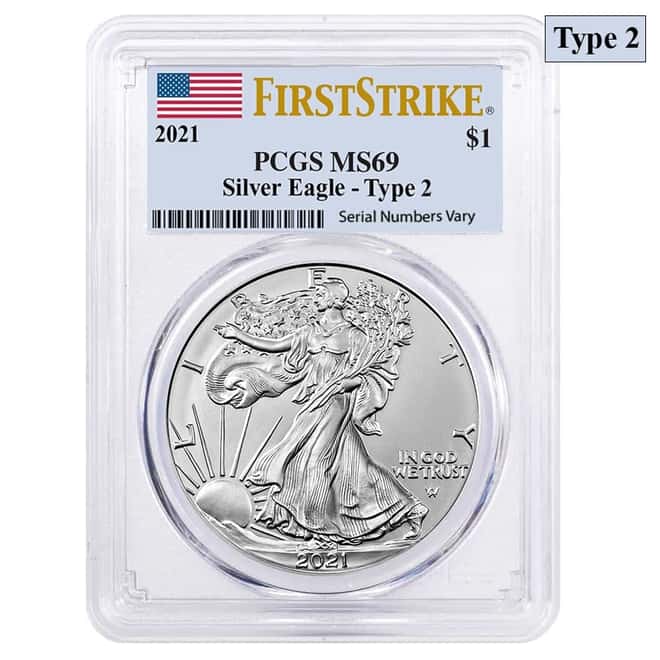 2021 1 oz Silver American Eagle Type 2 PCGS MS 69 FS (Flag Label)