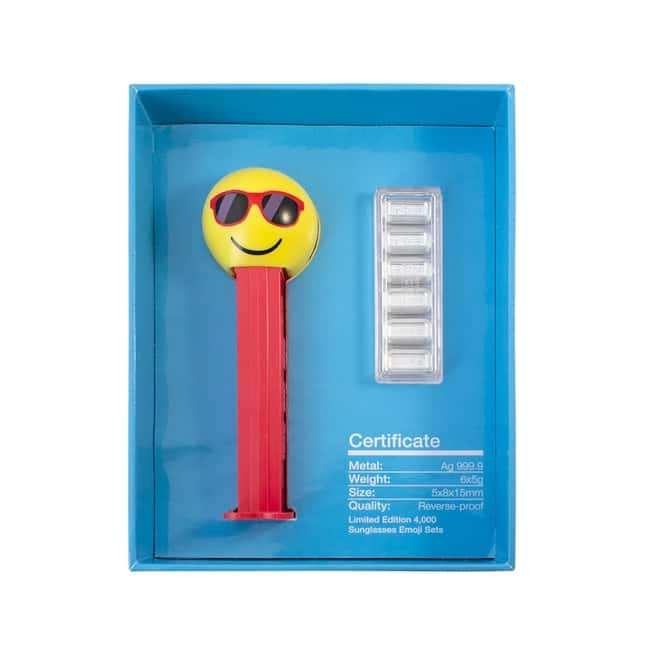 30 gram PAMP Suisse Chillin Sunglasses Emoji PEZ Dispenser & Silver Wafers (w/Box & COA)