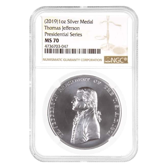 U.S. Mint 1 oz Thomas Jefferson Presidential Silver Medal NGC MS 70